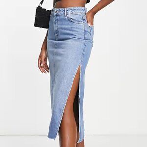 Topshop Side Split Midi Skirt Size 8 Mid Blue